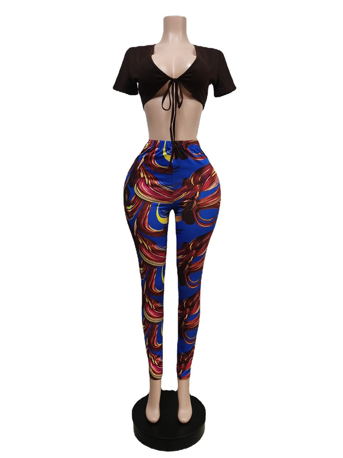 Sexy Bandage Short Sleeve Crop Top Print Pants Set