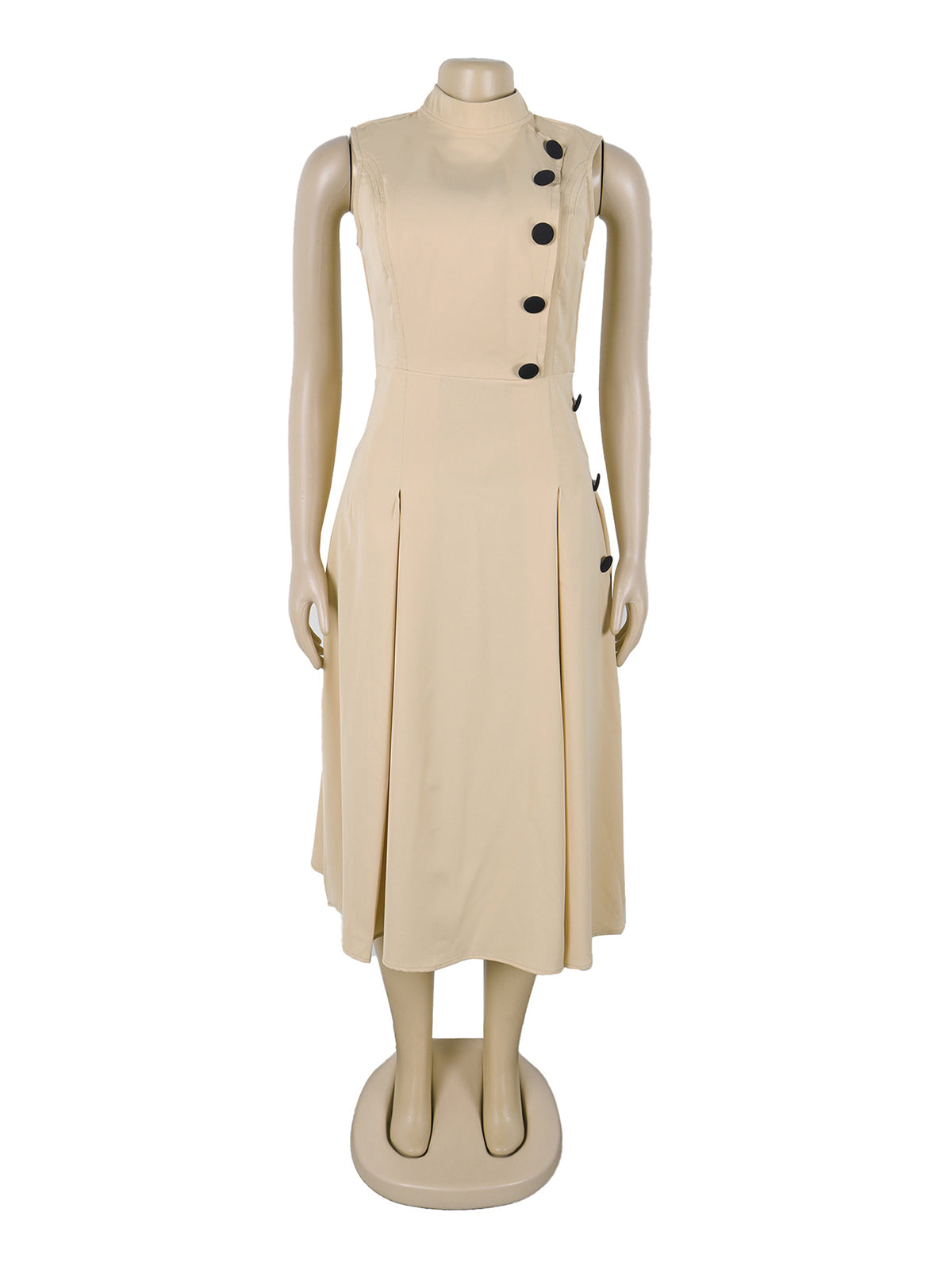 Fashion Stand Collar Sleeveless Button Decor Midi Dress