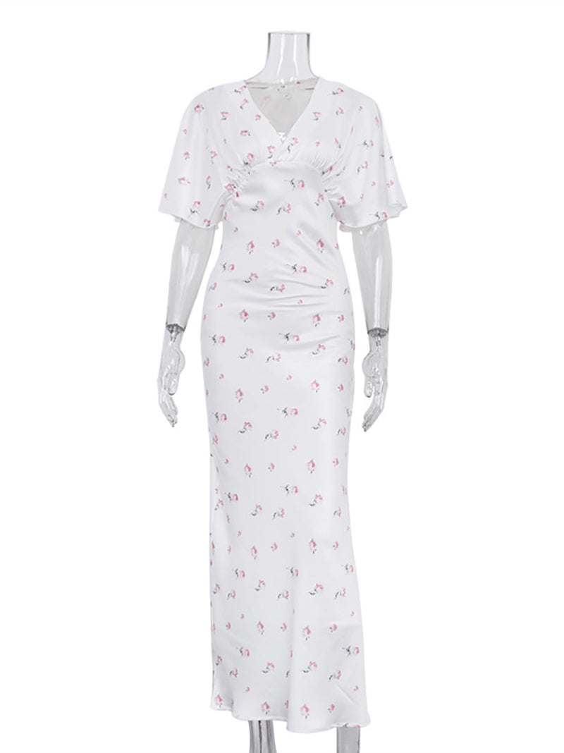 Casual V Neck Half Sleeve Print Maxi Dress