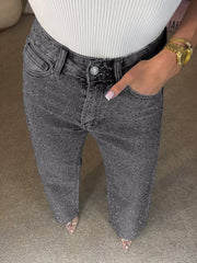 Casual High Waist Rhinestone Straight Leg Jeans