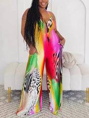 Casual V Neck Print Multicolor One-piece Jumpsuit