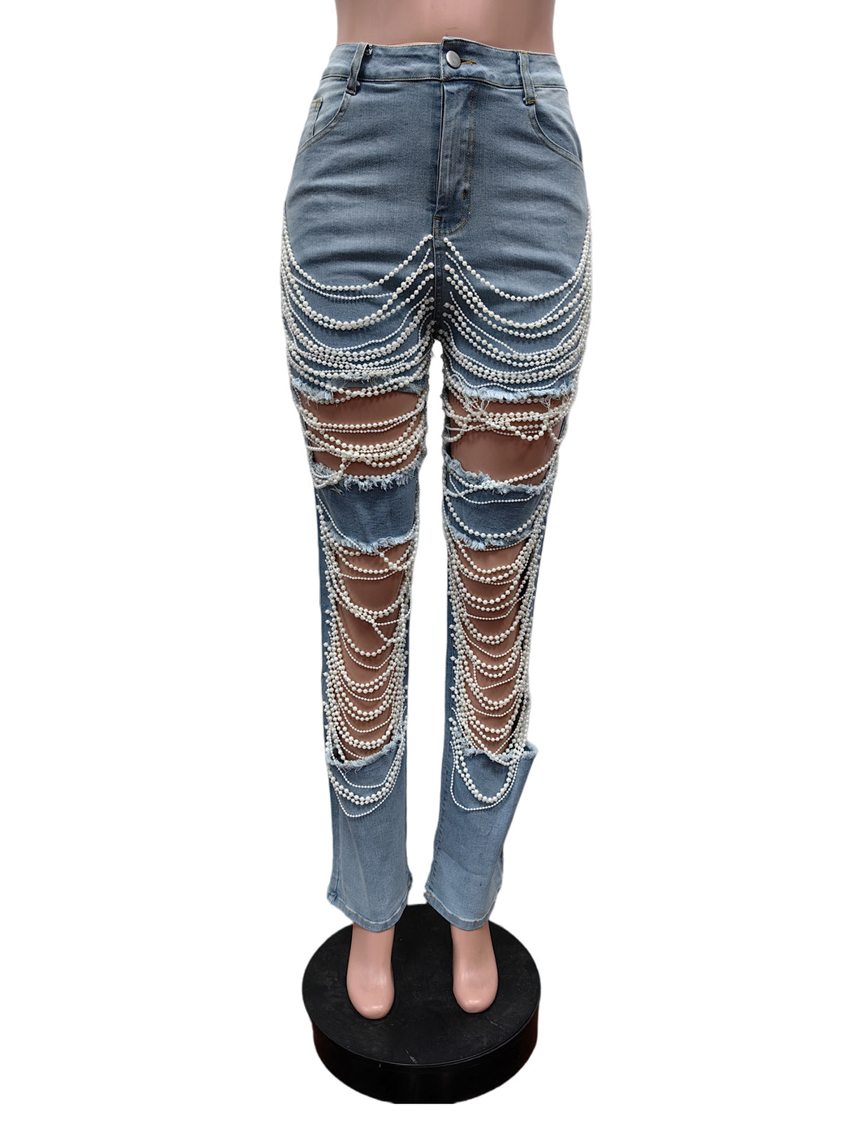 Sexy Pearls Chain Adorn Ripped Jeans