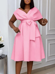 Elegant V Neck Lace-up Cocktail Party Midi Dress