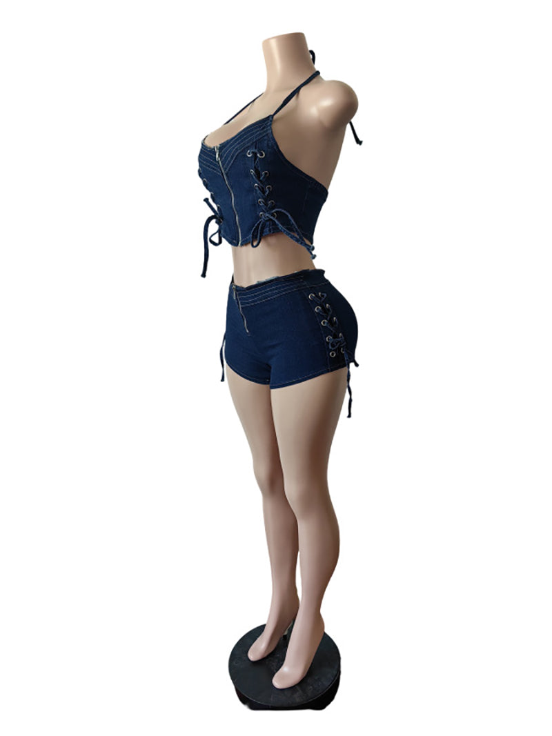 Sexy Lace-Up Denim Tube Vest And Shorts Casual Set