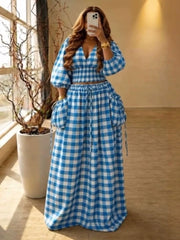 Plaid Balloon Sleeve Blouse and Skirt Set