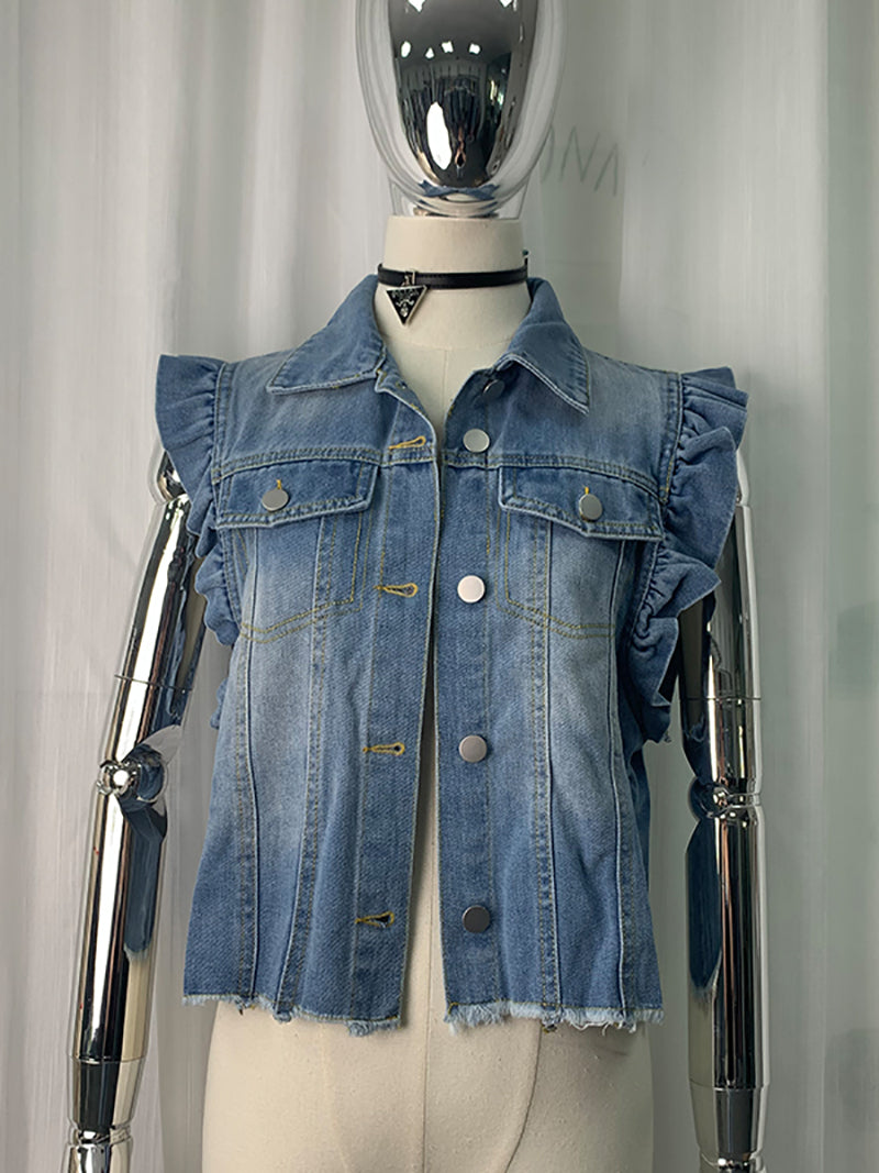 Casual Raw Hem Ruffled Cap Sleeve Denim Jacket