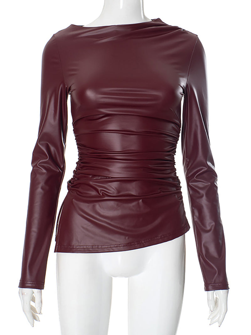 Fashion Crew Neck Faux Leather Irregular Tops