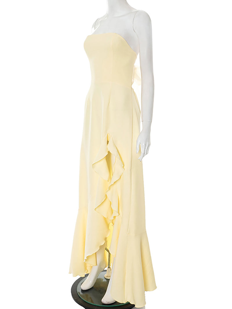 Sexy Strapless Backless Bow Hem Ruffle Maxi Dress
