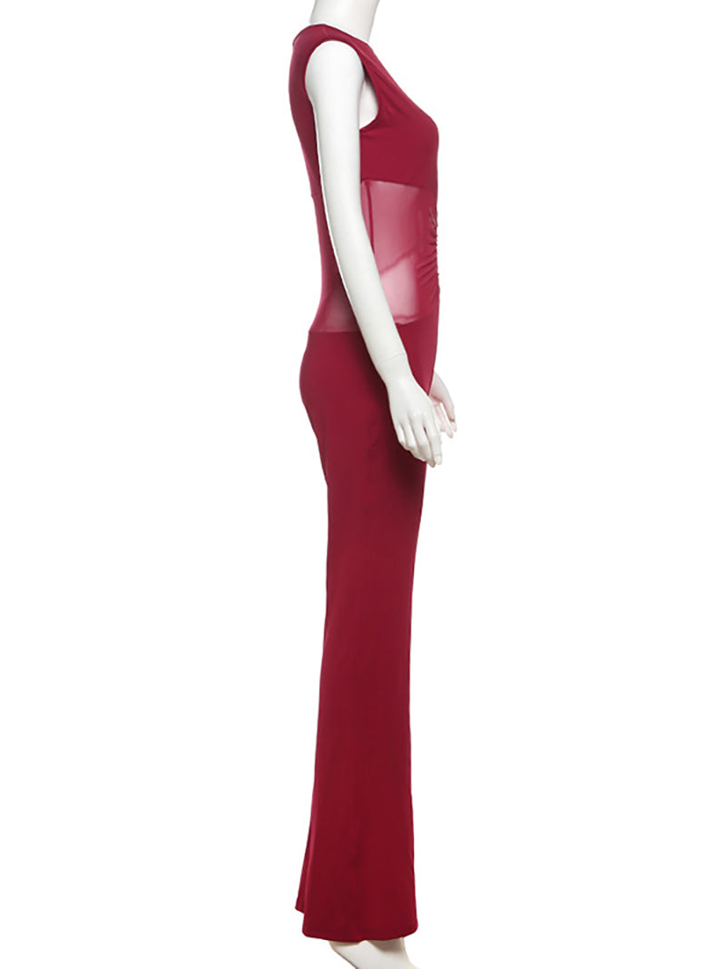 Sexy Sleeveless Sheer Patchwork Slim Jumpsuit