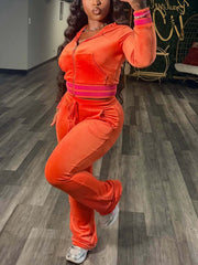 Velvet Stripe Trim Zip Jacket and Flared Pants Set