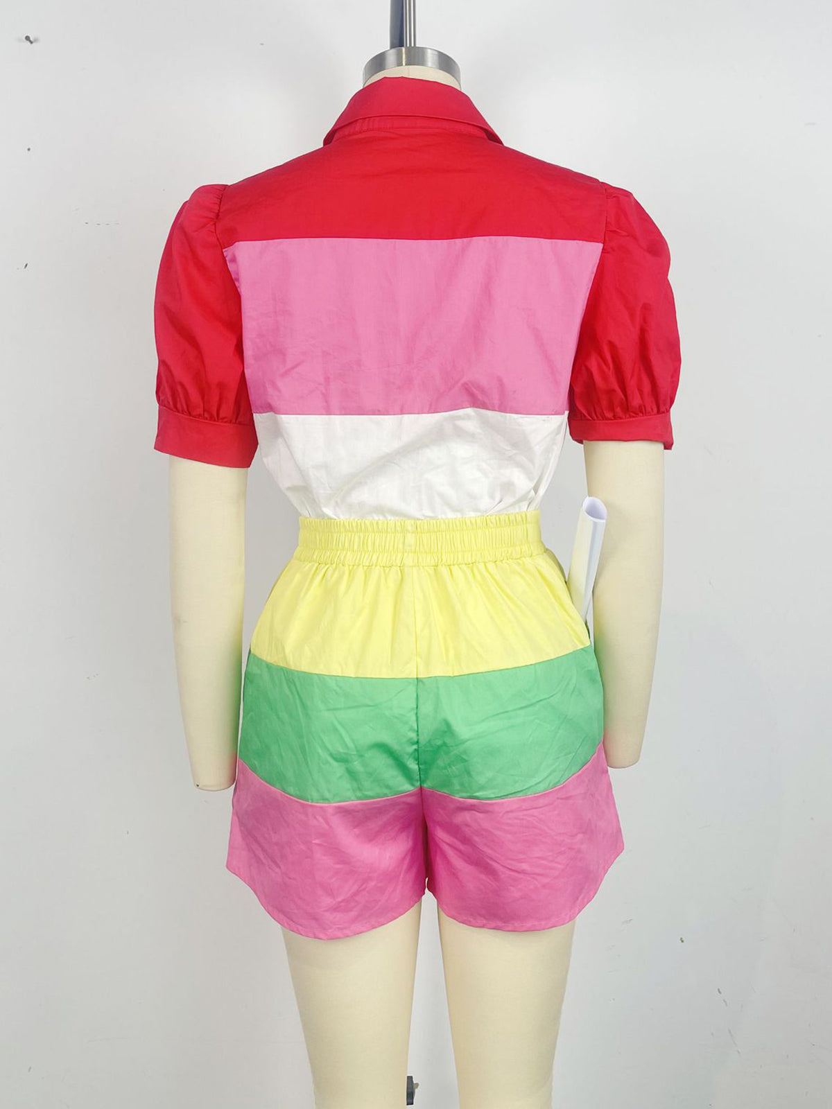 Multi-Color Patchwork Lantern Sleeve Shirt Shorts Set