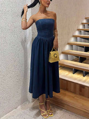 Fashion High Waist Pleated Strapless Denim Dress