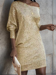 Elegant One Shoulder Long Sleeve Sequin Dress