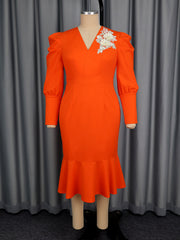 Elegant V-Neck Embroidered Puff Sleeve Mermaid Dress