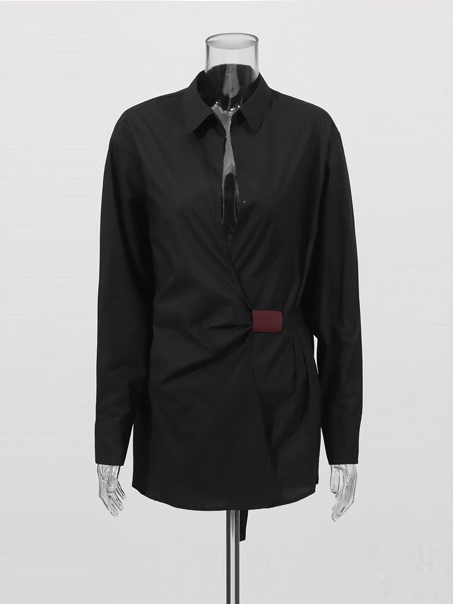 Lapel Long Sleeve Cinched Waist Shirt Dress