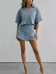 Sexy V-neck Loose Top Irregular Skirt Denim Set