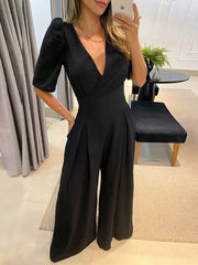 Solid Short Sleeve V Neck Wide Leg Jumpsuit