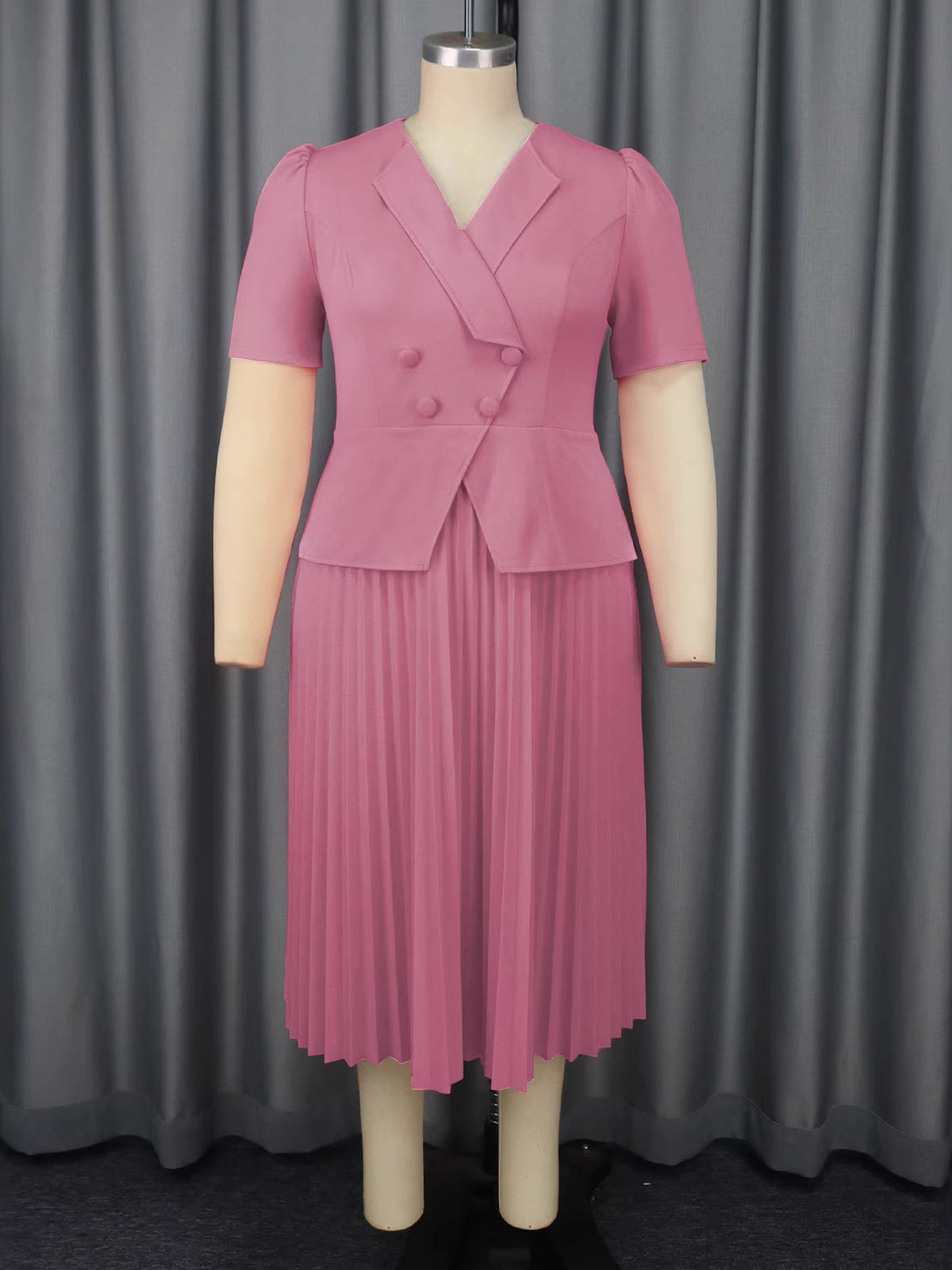 Fashion Short Sleeve Double-Breasted Pleated Midi Dress