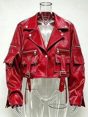 Croc Texture Buckle Crop Biker Jacket-boutique