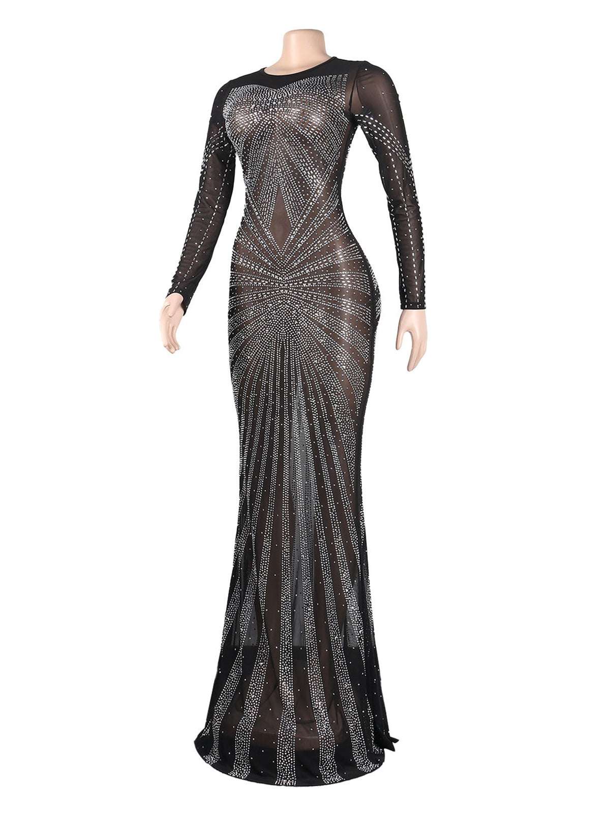 Rhinestone Sheer Mesh Patchwork Slim Maxi Dress