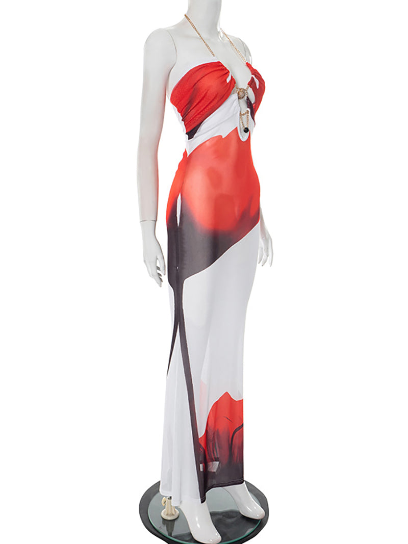 Sexy Floral Print Mesh Halter Backless Maxi Dress