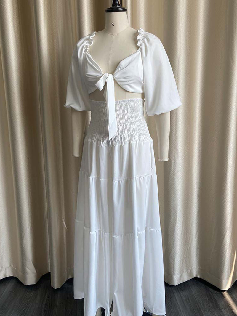 Sexy V Neck Tied Front Crop Tops And Wide Leg Pants Set