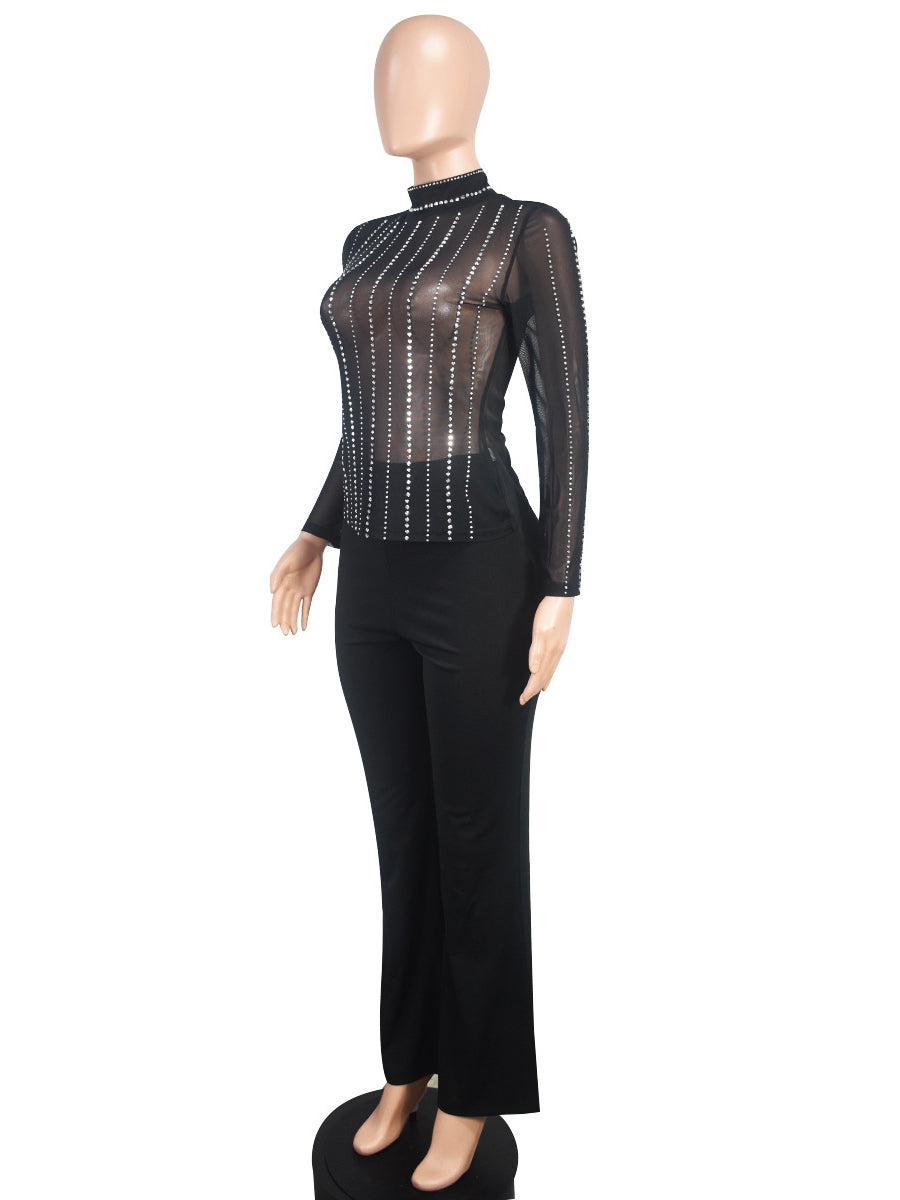 Sexy Rhinestone See-through Tops Wide Leg Pants Sets