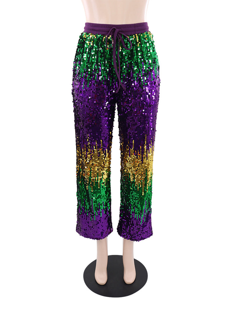 Casual Glitter Bling Sequins Drawstring Waist Pants