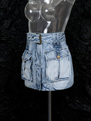 Casual Belted Denim Mini Skirt