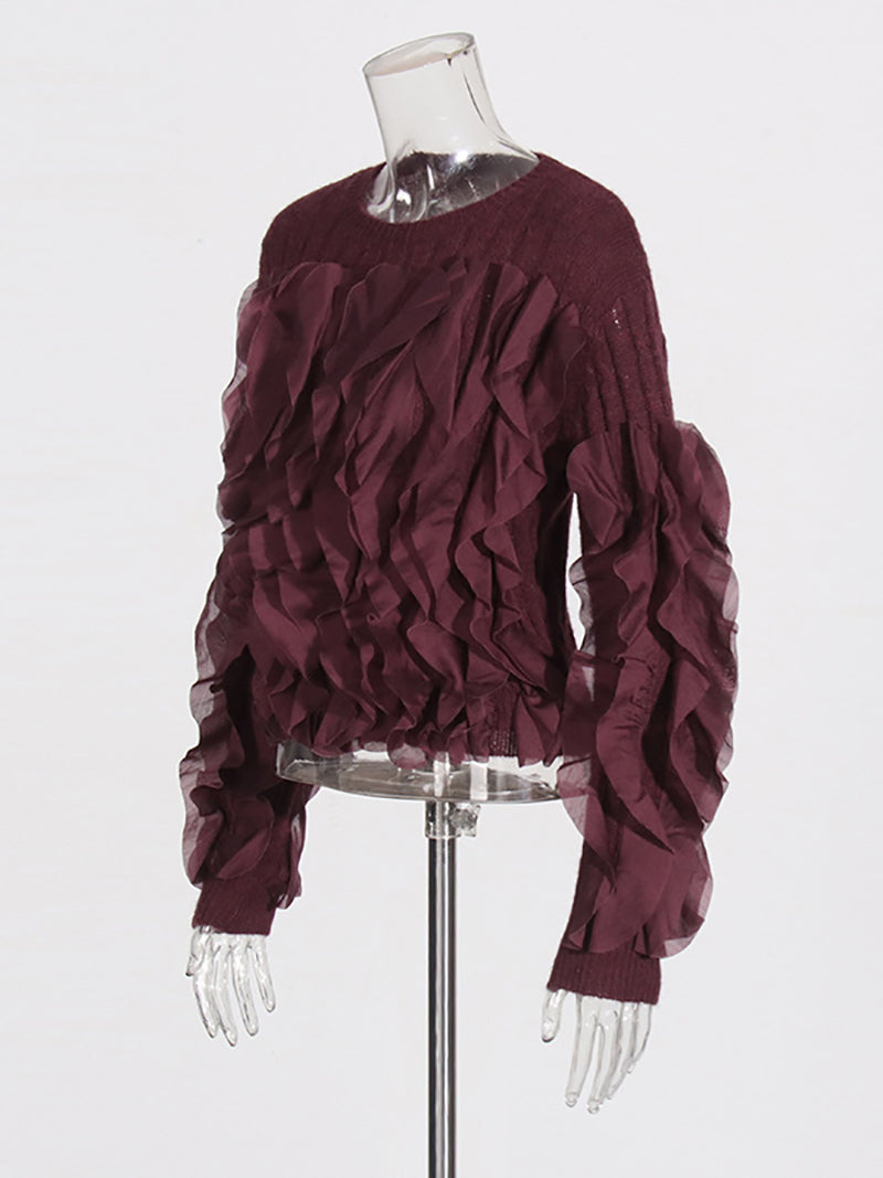 Fashion Patchwork Ruffle Slim Knit Pullover