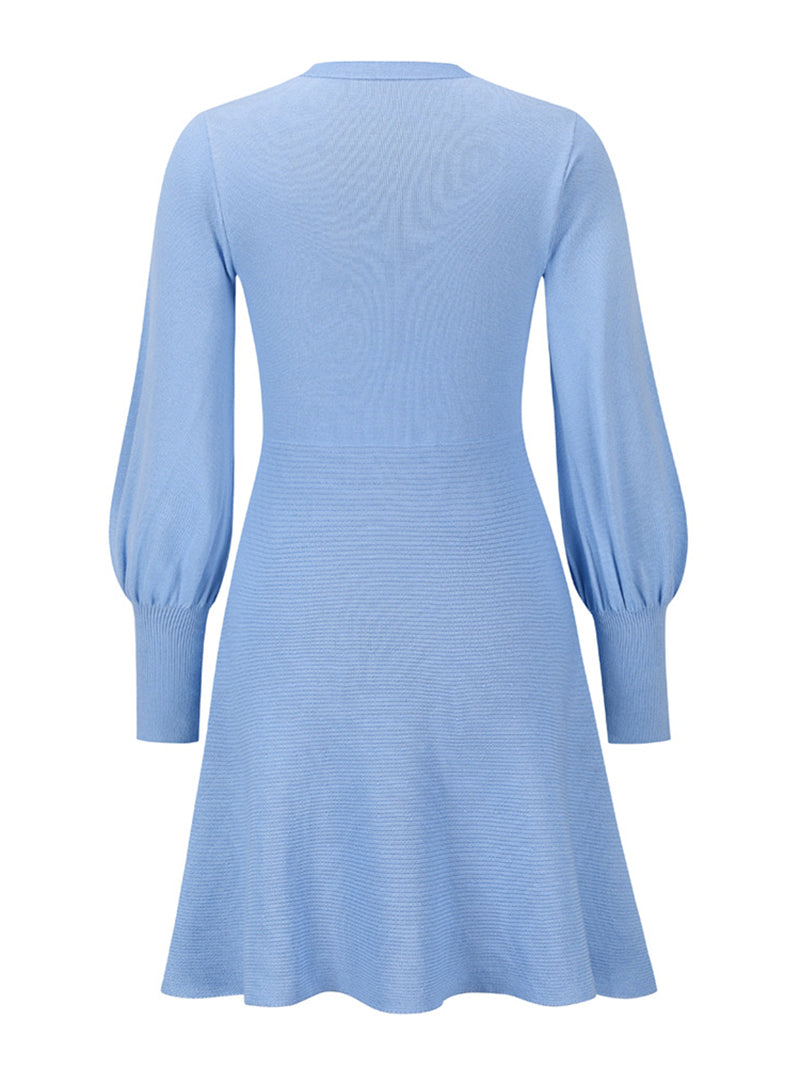 Solid Round Neck Lantern Sleeve Sweater Dress