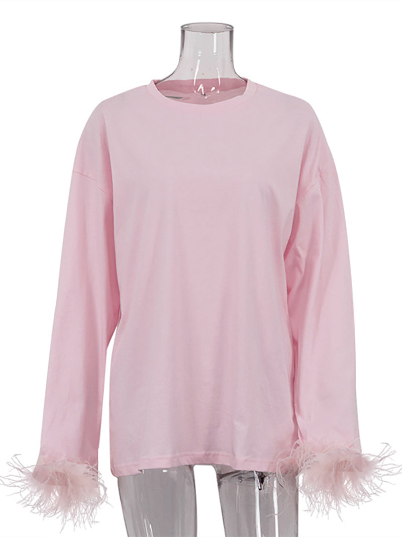 Causal Round Neck Long Sleeve Patchwork Feather T Shirt