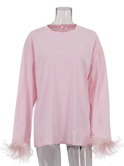 Causal Round Neck Long Sleeve Patchwork Feather T Shirt