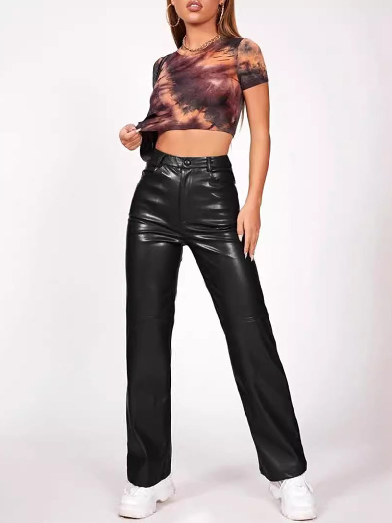 Solid PU Leather Straight Leg Black Pants