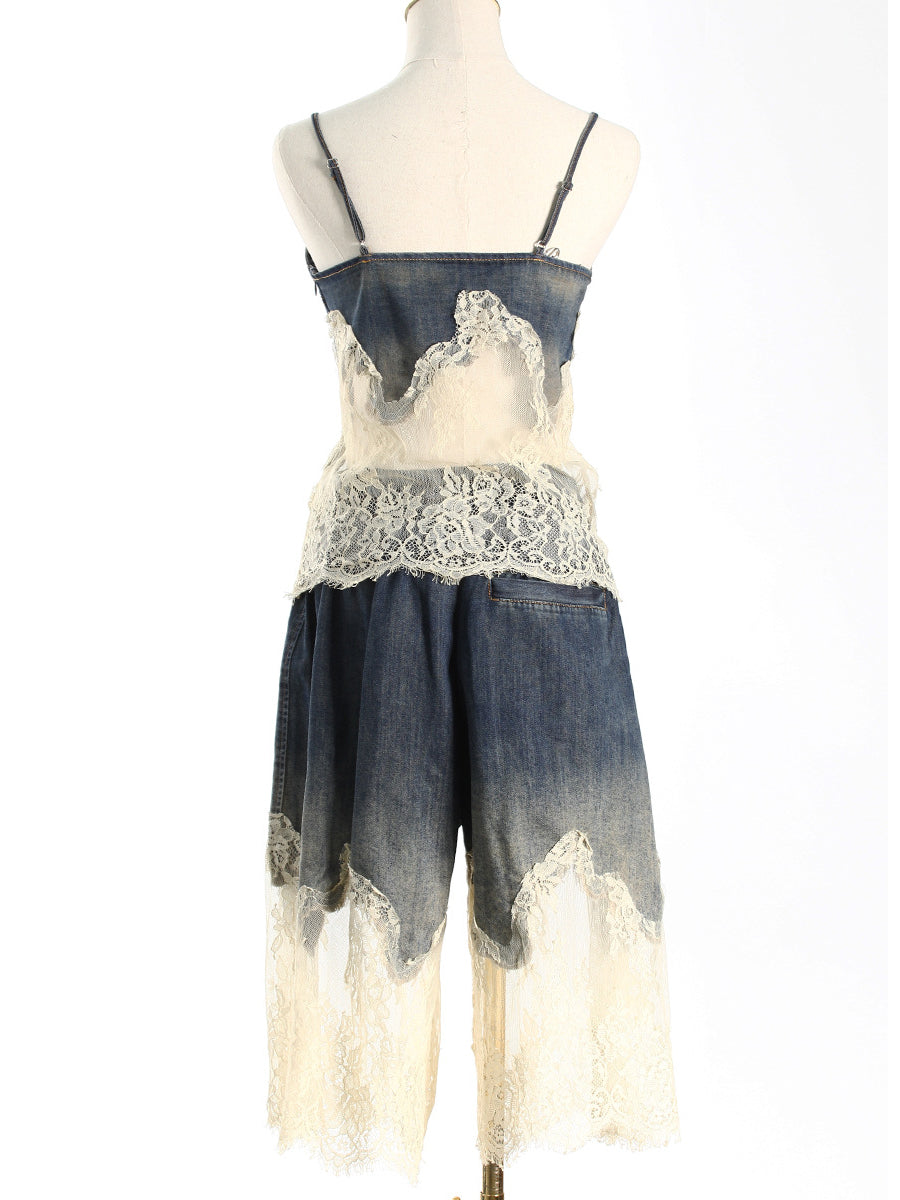 Fashion Lace Patchwork Denim Top and Shorts Sets