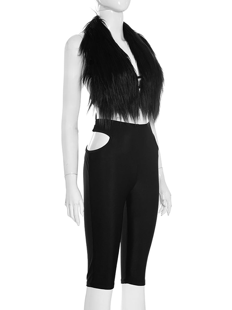 Lace-up Furry Tops High Waist Hollow Capri Pants Sets