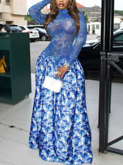 Sexy Sheer Mesh Print Patchwork Pleated Maxi Dress