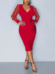 Elegant Butterfly Mesh Sleeve Tie Up V-Neck Dress