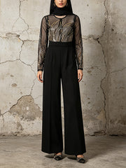 Sequin Sheer Mesh Bodice Patchwork High Waist Jumpsuit