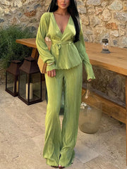 V-Neck Long Sleeve Pleated Top Loose Pants Set