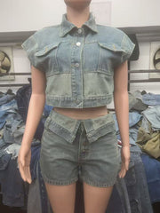 Patchwork Stretch Denim Top Short Pants Piece Sets