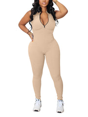 Casual Rib Knit Zipper Sleeveless Jumpsuit