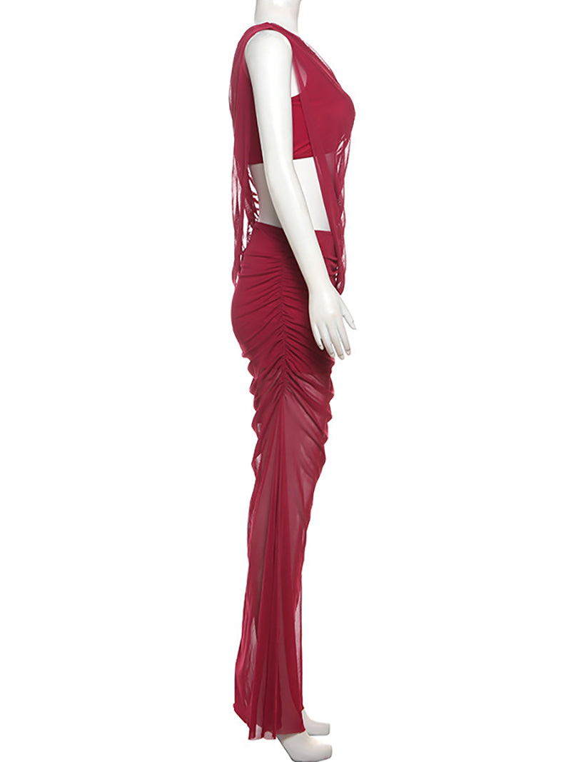 Sexy Sheer Mesh Skew Collar Crop Top Long Skirt Set