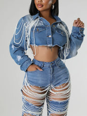 Pearl Detail Cropped Denim Jacket