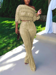 Casual Off Shoulder Pleated Crop Top Two Piece Sets