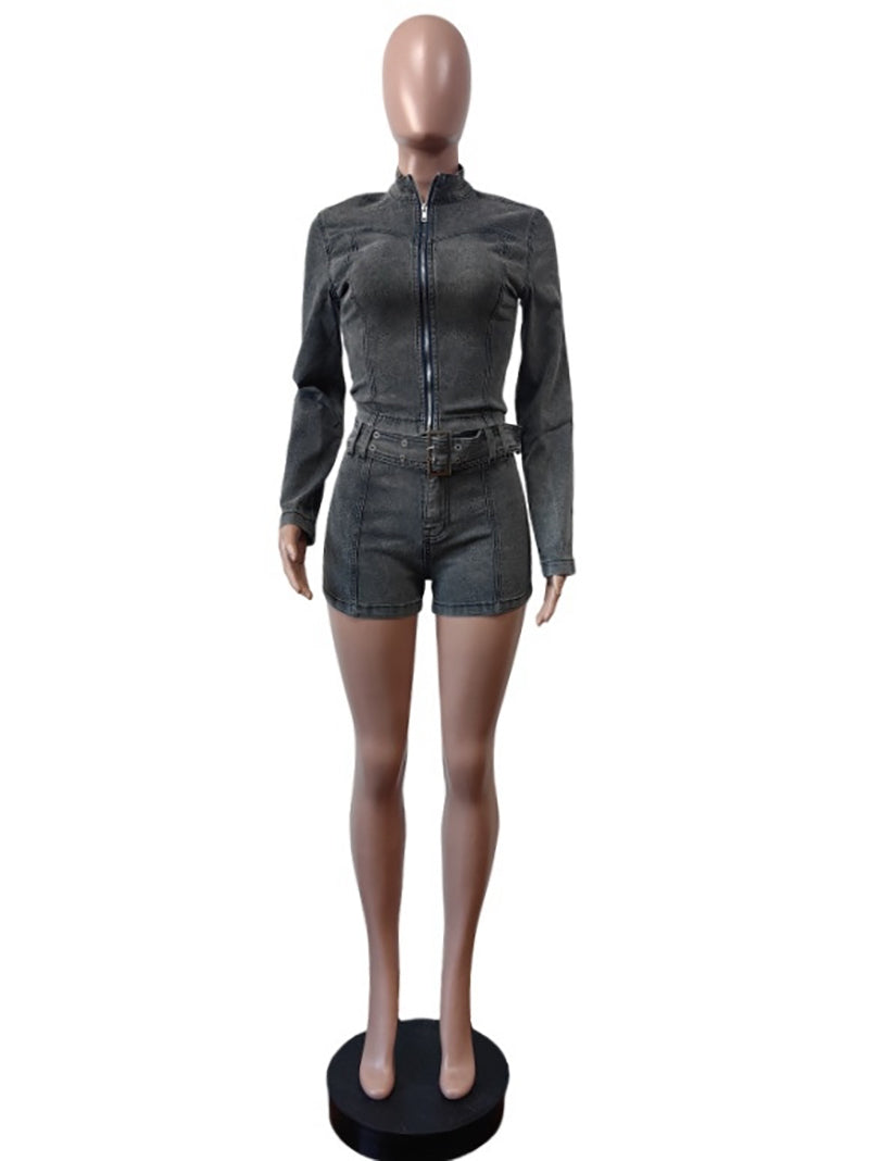 Fashion Zipper Long Sleeve Stretch Denim Shorts Sets