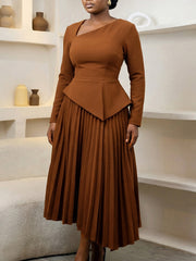 Elegant Slant Collar Asymmetrical Pleated Midi Dress