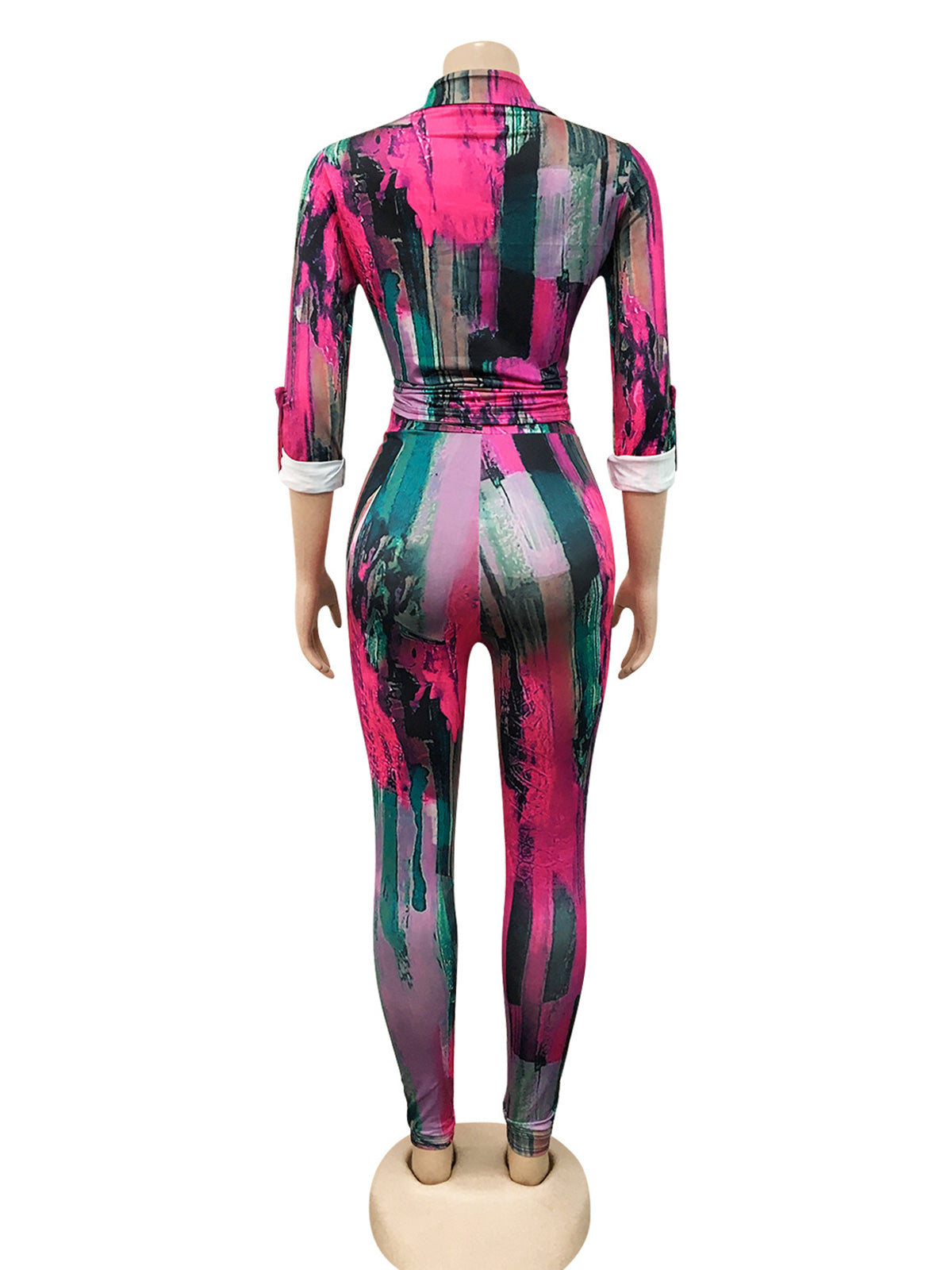 Print Turn-Down Collar Shirt Skinny Pants Two Piece Set