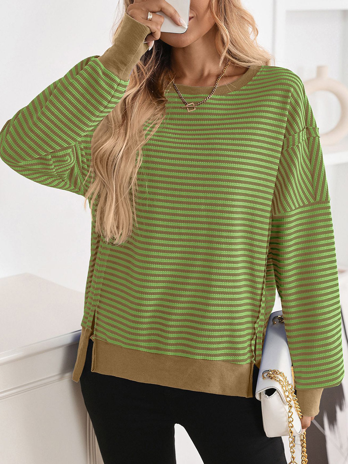 Casual Round Neck Stripe Contrast Sweatshirt