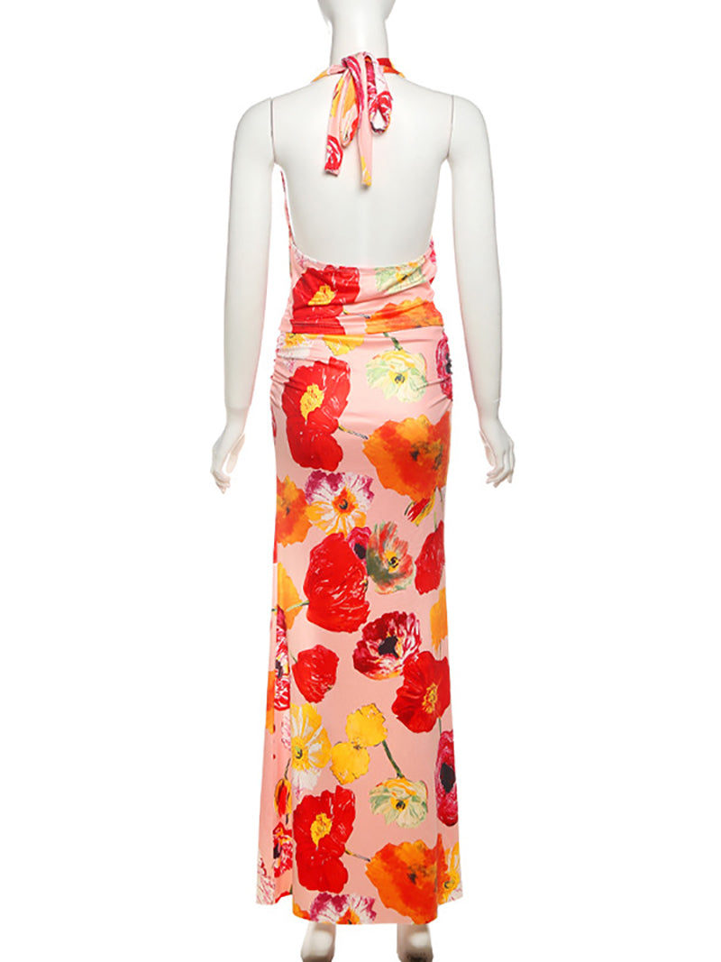 Print Halter Crop Tops High Split Long Skirts Sets